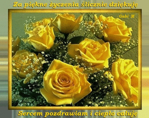Bukiet ��tych r� i gips�wki w z�otej ramce z napisem Za pi�kne �yczenia �licznie dzi�kuj�