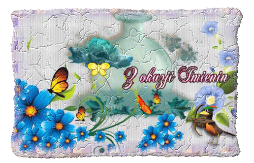 Niebieskie kwiaty, motyle, flakon perfum, ptak z łukiem i napis Z okazji Imienin