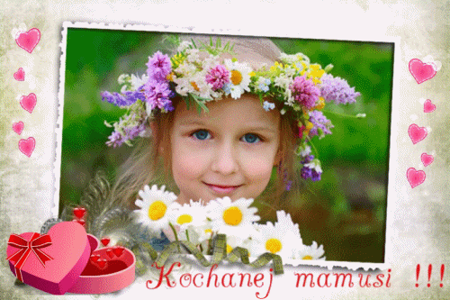 Dziewczynka w wianku z kwiat�w i rumiankach, r�owe serca, napis Kochanej mamusi