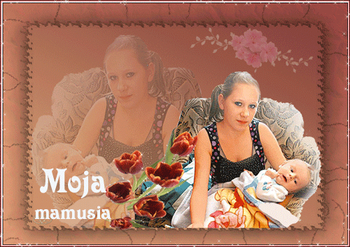 M�oda mama z dzieckiem, czerwone tulipany, r�owe kwiaty i napisy Moja mamusia na br�zowym tle