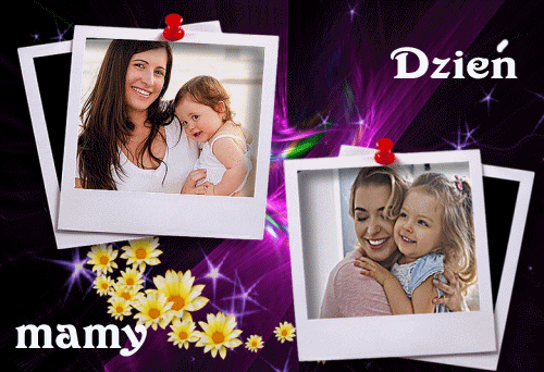Dwa zdj�cia matek z dzie�mi, ��te kwiaty i napis Dzie� Mamy na fioletowym tle