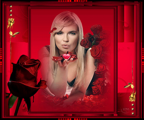Blondynka w czerwieni przesy�a buziak, otoczona czerwonymi r�ami i p�atkami z serduszkiem w d�oni