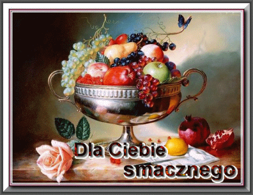 Metalowa misa z owocami, r�owa r�a, granat, cytryna oraz napis Dla Ciebie smacznego