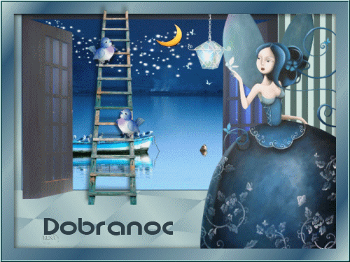 Kobieta w niebieskiej sukni z motylem, drabina, ptaki, ksi�yc i napis Dobranoc na nocnym tle