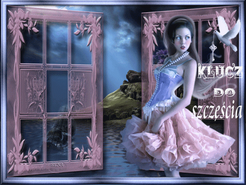 Kobieta w r�owej sp�dnicy, go��b z kluczem, napis Klucz do szcz�cia i okno z pejza�em