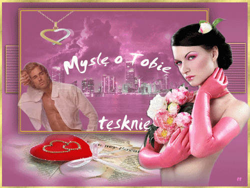 Kobieta w r�owych r�kawiczkach trzyma kwiaty, obok m�czyzna, serce oraz napis My�l� o Tobie t�skni�