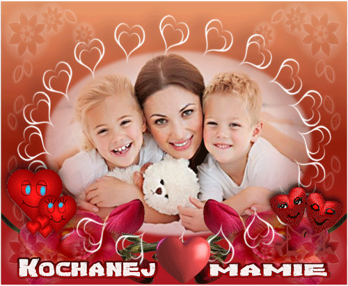Szcz�liwa mama z dzie�mi, bia�y mi�, czerwone serca, tulipany i napis Kochanej Mamie