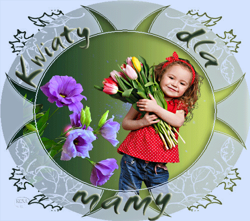 U�miechni�ta dziewczynka w czerwonej bluzce trzyma bukiet tulipan�w, obok fioletowe kwiaty i napis Kwiaty dla mamy