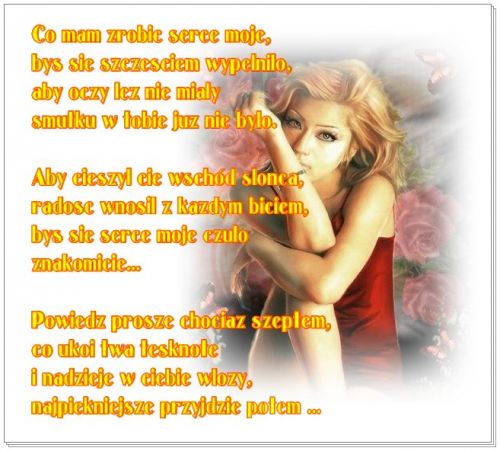 Zamy�lona blond kobieta w czerwonej sukzience na tle r� i ��ty wiersz o mi�o�ci