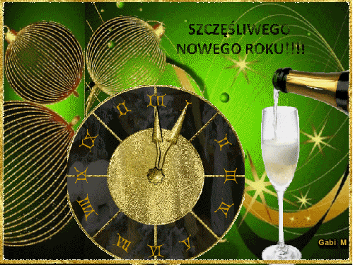 Z�oty zegar wskazuj�cy p�noc, kieliszek szampana z butelk�, bombki na zielonym tle, napis Szcz�liwego Nowego Roku