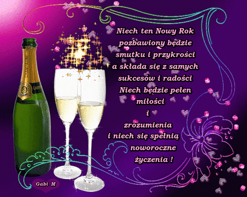 Butelka szampana, dwa kieliszki, b�yszcz�ce iskry, fioletowe t�o oraz �yczenia noworoczne