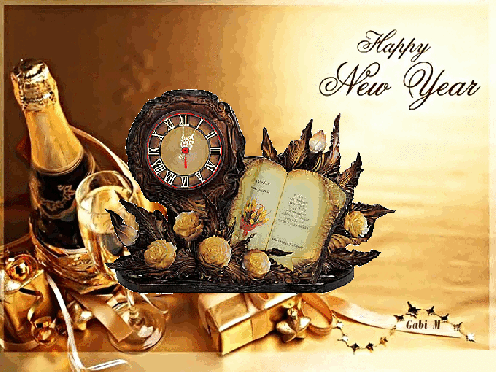 Z�ota butelka szampana, kieliszki, zegar, otwara ksi�ga, r�e i napisy Happy New Year