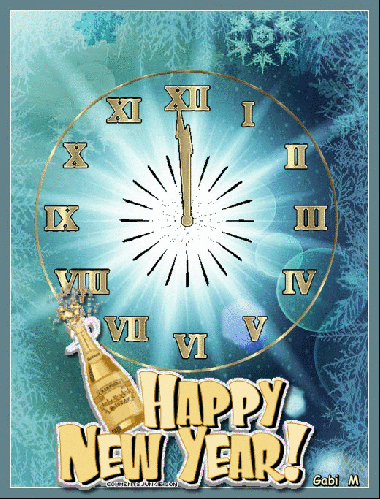 Z�oty zegar wybijaj�cy p�noc, butelka szampana z korkiem i napis Happy New Year na niebieskim tle