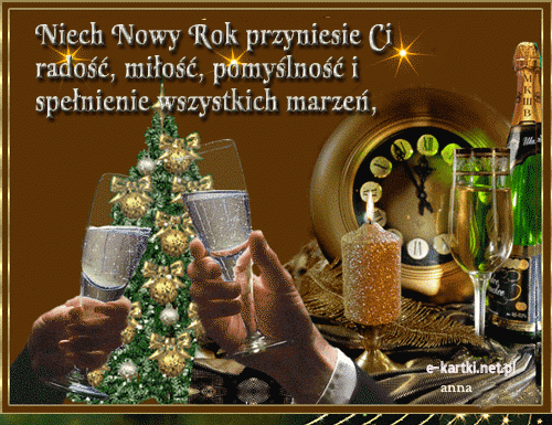Toast szampanem, choinka, zegar wybijaj�cy p�noc, �wieca i �yczenia noworoczne na br�zowym tle