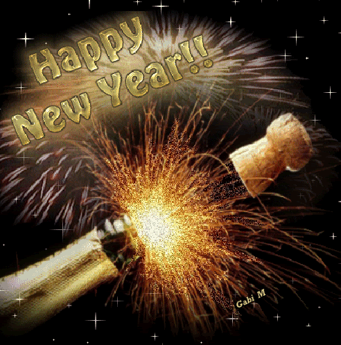 Z�oty napis Happy New Year, strzelaj�cy korek od szampana i fajerwerki na nocnym niebie