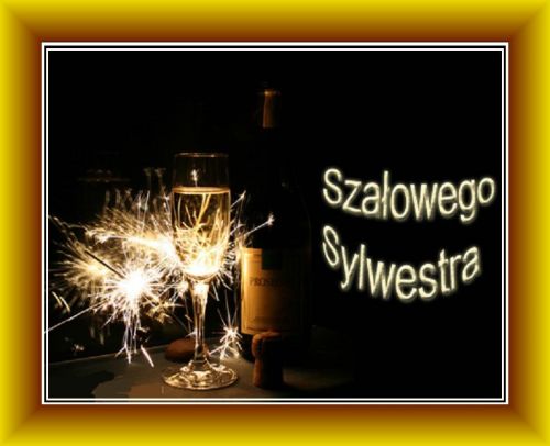 Butelka szampana, kieliszek z b�belkami, zimne ognie oraz �wietlisty napis Sza�owego Sylwestra