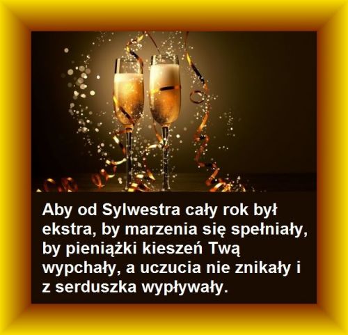 Dwa kieliszki szampana, serpentyny, brokat i noworoczne �yczenia w ramce