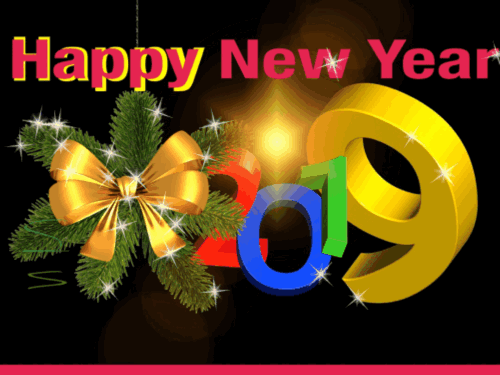 Napis Happy New Year, z�ota kokarda na ga��zkach choinki oraz kolorowy napis 2019