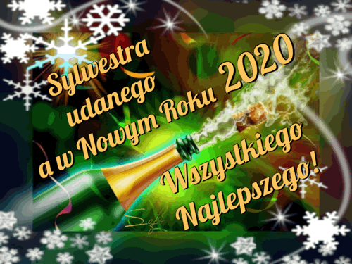 Butelka szampana z wystrzelaj�cym korkiem, b�yszcz�ce napisy sylwestrowe i bia�e p�atki �niegu