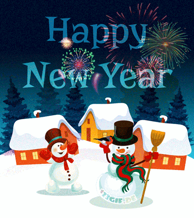 Dwaj ba�wanki w kapeluszach stoj� na tle za�nie�onych domk�w i fajerwerk�w z napisem Happy New Year