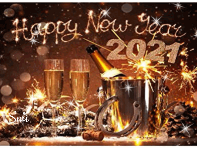 Szampan w wiaderku, dwa kieliszki, zimne ognie, napis Happy New Year 2021