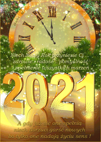 Z�oty zegar sylwestrowy z �yczeniami noworocznymi i napisem 2021 otoczony ga��zkami choinki i fajerwerkami