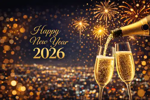 Z�oty szampan nalewany do kieliszk�w na tle fajerwerk�w, miasta i napisu Happy New Year 2026