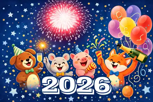 Szcz�liwe zwierz�ta z napisem 2026, fajerwerki, kolorowe balony i butelka szampana na niebieskim tle