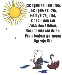 �wiec�ce s�o�ce, padaj�cy deszcz, stoj�cy cz�owiek z parasolem oraz optymistyczny wiersz o s�o�cu