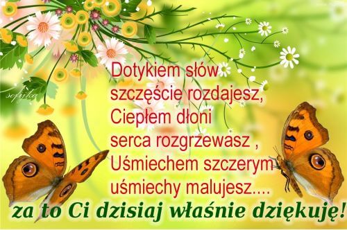Dwa br�zowe motyle, kolorowe kwiaty na zielonym tle oraz napis z podzi�kowaniem