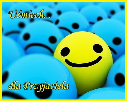 ��ta u�miechni�ta bu�ka wyr�niaj�ca si� w�r�d t�umu niebieskich, smutnych twarzy z napisem U�miech dla Przyjaciela