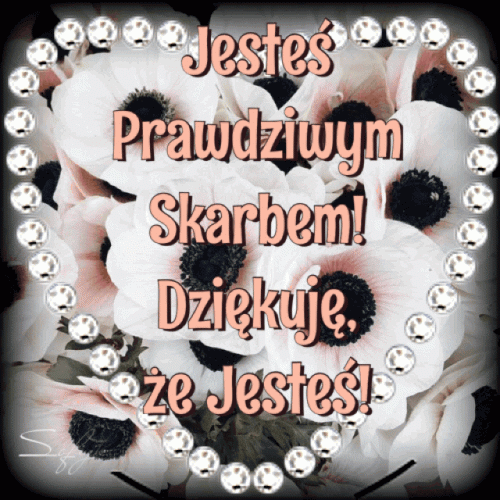 Bia�e kwiaty z czarnym �rodkiem otoczone b�yszcz�c� ramk� z diament�w i r�owy napis