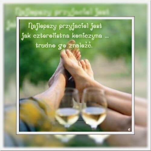 Dwie pary opartych st�p, kieliszki bia�ego wina i napis o przyja�ni w plenerze