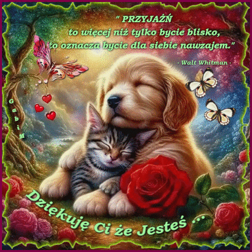 Przytulony szczeniak i kociak, motyle, czerwona r�a oraz napis o przyja�ni w le�nej scenerii