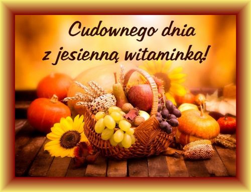 Kosz pe�en jesiennych owoc�w, dynie, s�oneczniki i napis Cudownego dnia z jesienn� witamink�