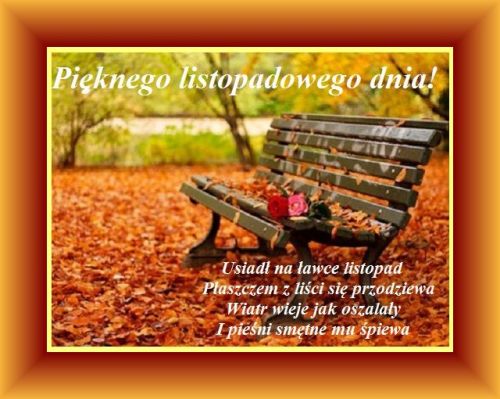 Jesienna �awka w parku zasypana li��mi, czerwone r�e i napisy z �yczeniami
