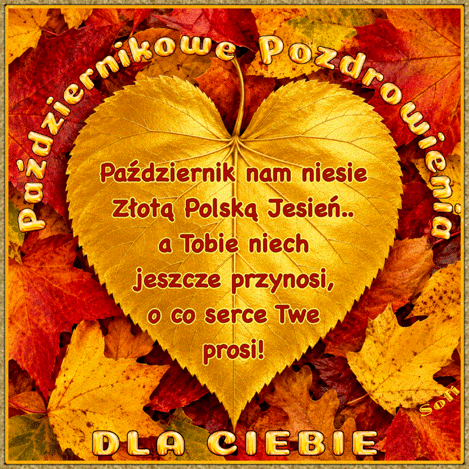 Z�oty li�� w kszta�cie serca z napisem Pa�dziernikowe Pozdrowienia na tle jesiennych li�ci