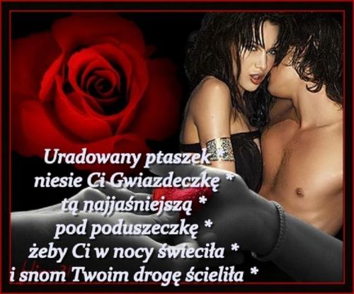 Zakochana para, czerwona r�a w tle oraz romantyczny wiersz o gwiazdce pod poduszeczk�