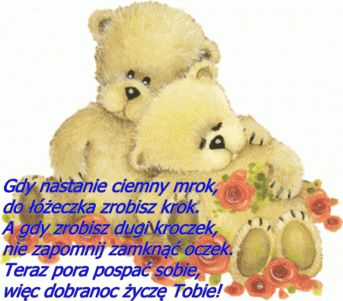 Dwa przytulone pluszowe misie w�r�d czerwonych r� z wierszykiem na dobranoc
