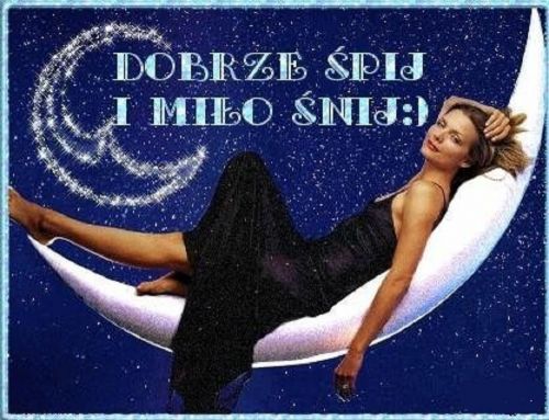 Kobieta w czarnej sukni le�y na p�ksi�ycu na tle nocnego nieba z napisem