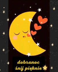 �pi�cy ��ty ksi�yc wysy�a czerwone serduszka w�r�d gwiazd, z napisem dobranoc �nij pi�knie
