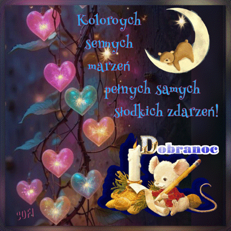 Nocna scena z ksi�ycem, �pi�cym misiem, �wieczk�, myszk� pisz�c� list, �wiec�cymi sercami i napisem Dobranoc