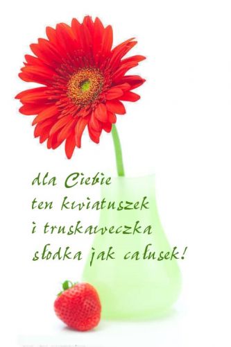 Czerwona gerbera w zielonym wazonie i truskawka z napisem dla Ciebie ten kwiatuszek