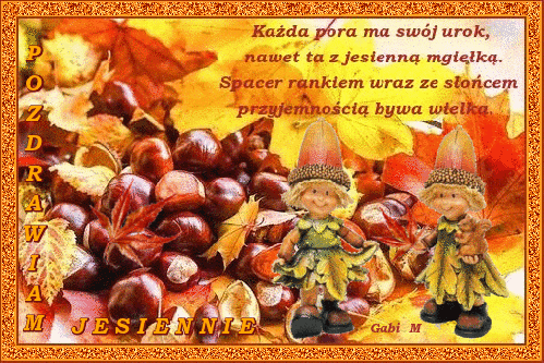 Dwie ma�e figurki w strojach z li�ci w�r�d kasztan�w i kolorowych li�ci jesiennych