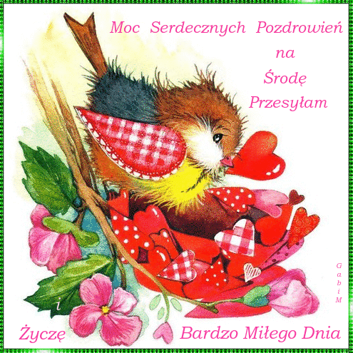 Puszysty ptaszek w czerwone serca siedzi na ga��zi w�r�d r�owych kwiat�w z napisem pozdrowie�
