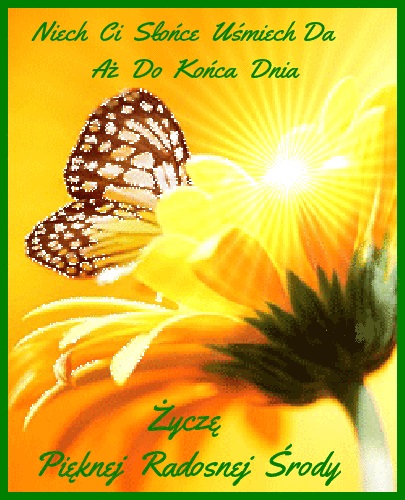 Motyl na ��tym kwiatcie, �wiec�ce s�o�ce i zielone napisy z �yczeniami pi�knej �rody