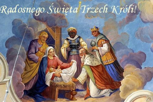 Trzej Kr�lowie k�aniaj� si� Dzieci�tku Jezus, Maryi i J�zefowi pod napisem Radosnego �wi�ta Trzech Kr�li