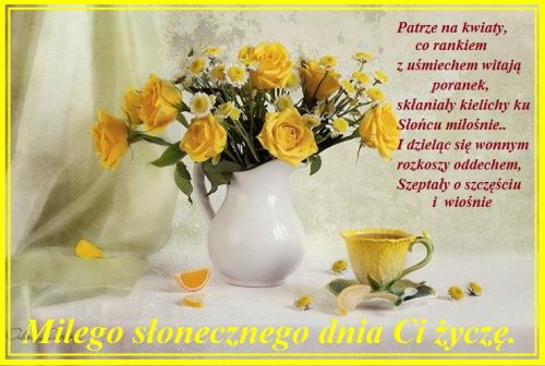 Bia�y dzbanek z ��tymi r�ami, fili�anka herbaty, plasterki cytryny i wiersz o poranku