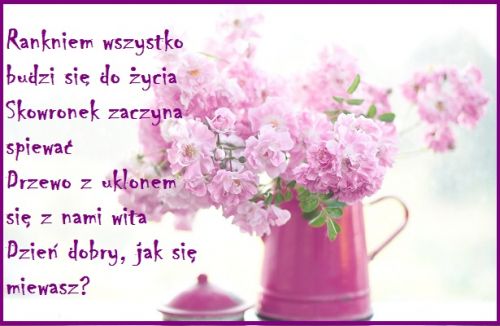 R�owy dzbanek z kwiatami i poranny wierszyk z pozdrowieniem Dzie� dobry