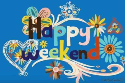Napis Happy Weekend na niebieskim tle w otoczeniu kolorowych kwiat�w i serc